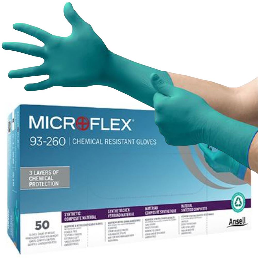 Ansell Microflex 93-260 Chemical Resistant Powder Free Disposable Gloves AQL1.5 (Box 50)