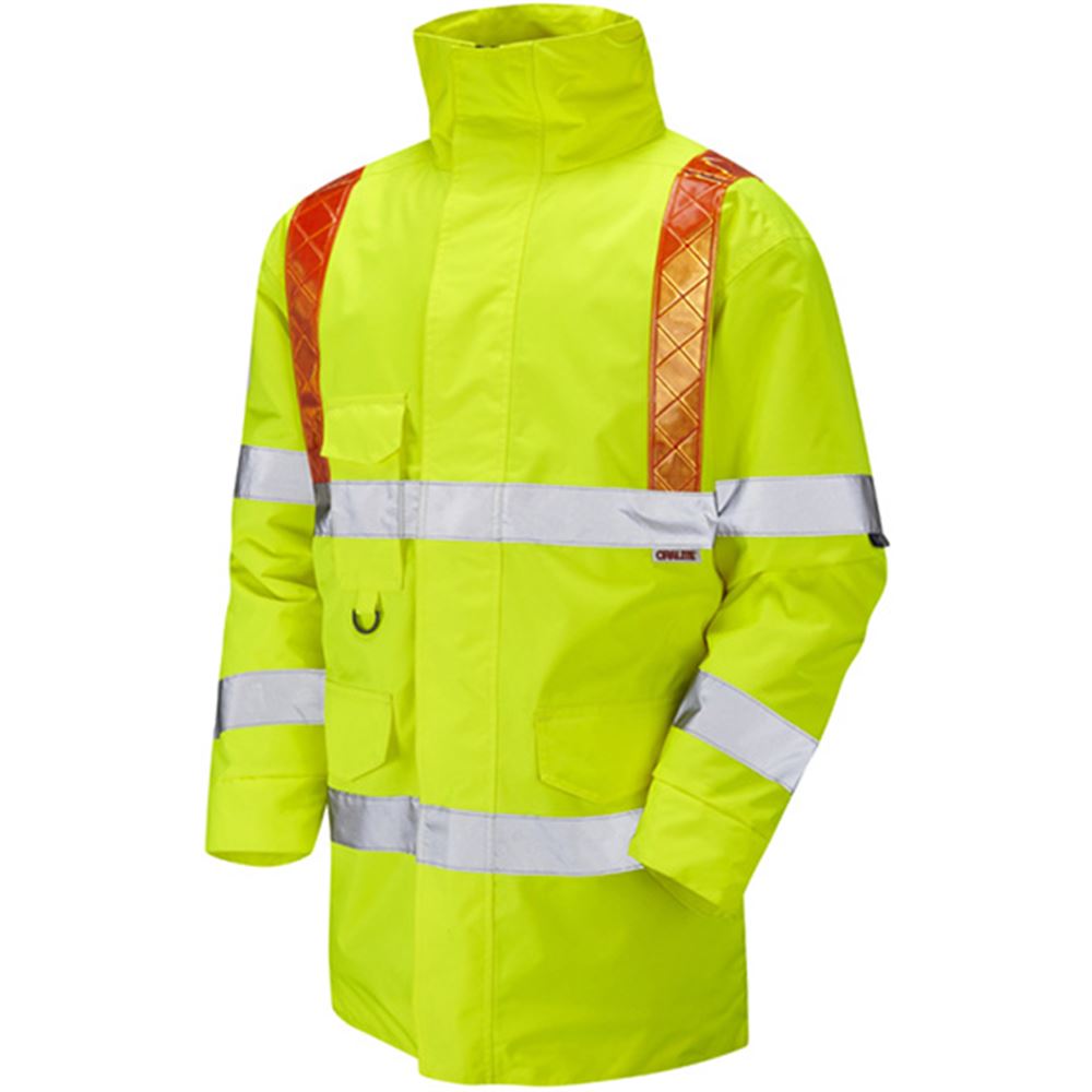 Leo Workwear Putford Yellow Waterproof Quilt Lined Orange Brace Superior Hi Vis Jacket