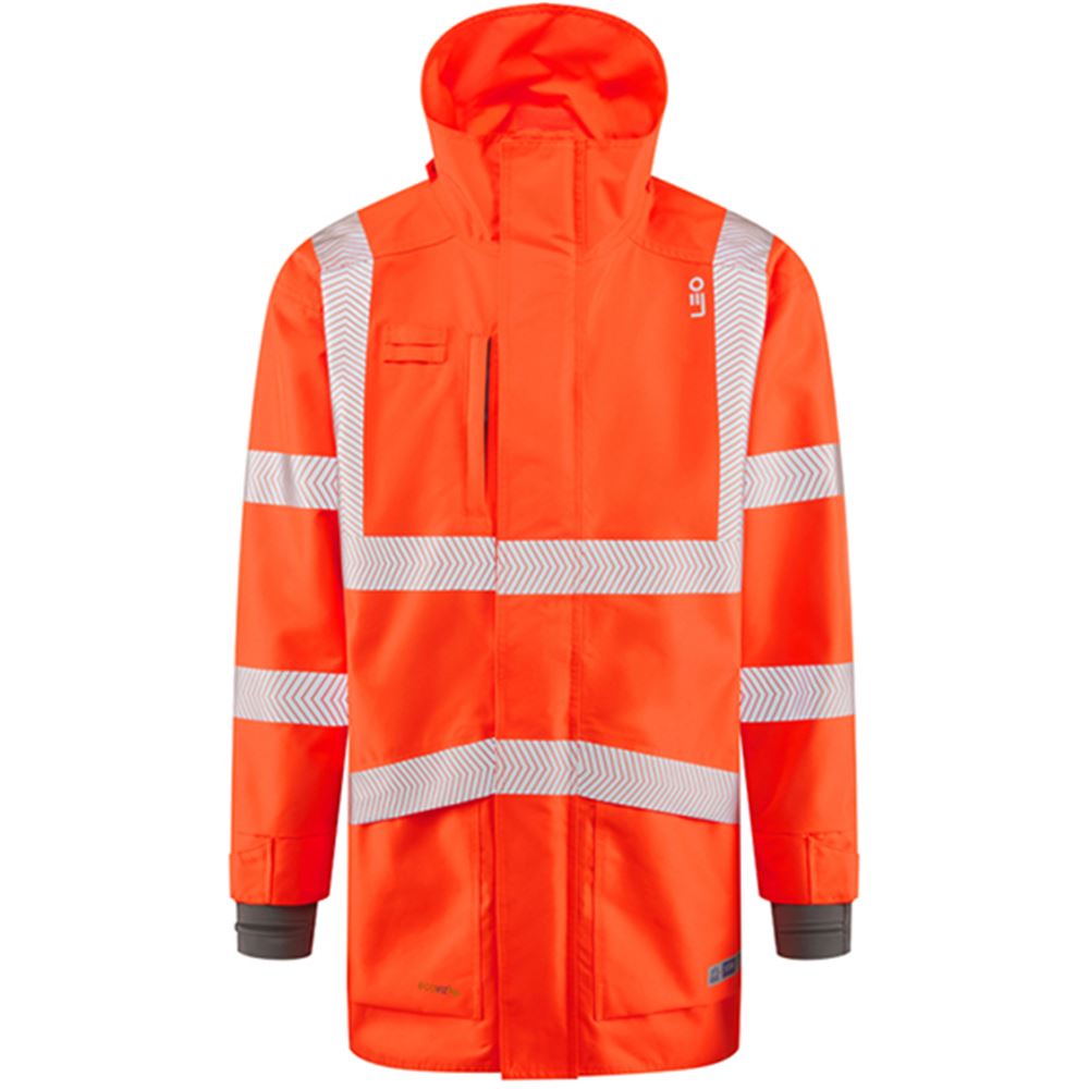 Leo Workwear Clovelly Rail Orange EcoViz 15K Performance+ Waterproof Breathable Executive Hi Vis Jacket