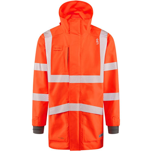 Leo Workwear Clovelly Rail Orange EcoViz 15K Performance+ Waterproof Breathable Executive Hi Vis Jacket