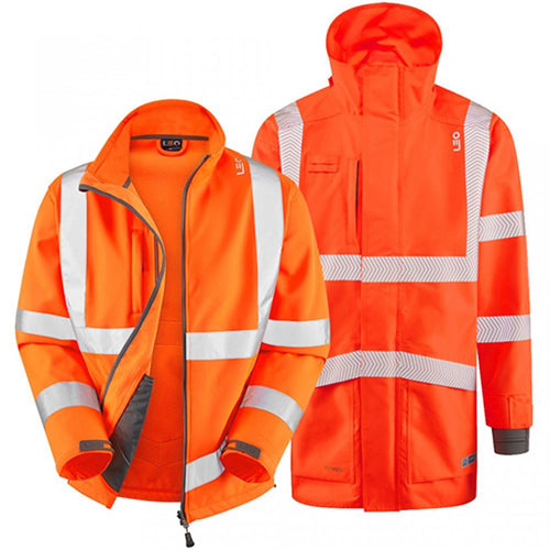 Leo Workwear Orange Waterproof Breathable 3-in-1 Hi Vis Clovelly Jacket with Buckland Softshell