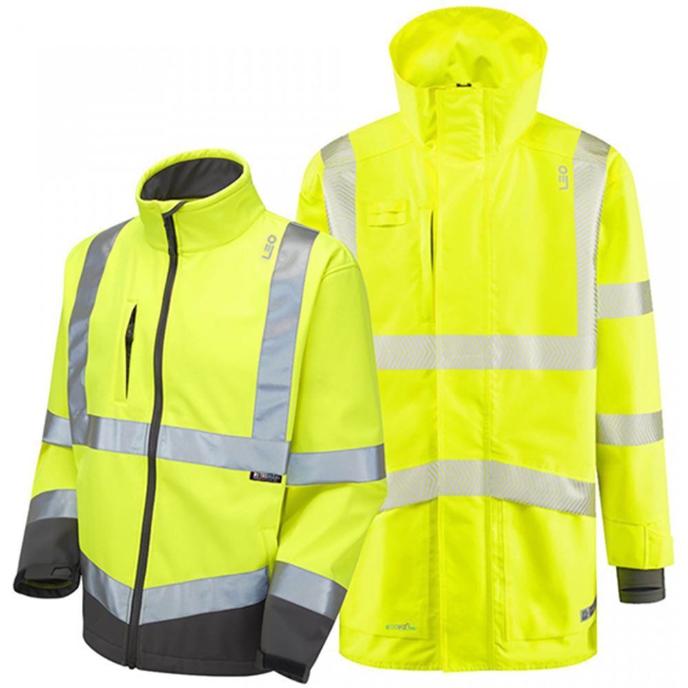 Leo Workwear Yellow Waterproof Breathable 3-in-1 Hi Vis Clovelly Jacket with Buckland Softshell
