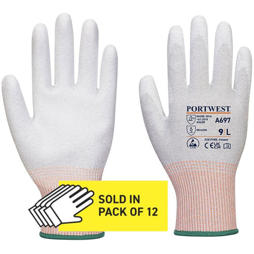 Portwest A697 LR13 ESD Antistatic Cut B Gloves with PU Palm Coating - 13 gauge (Pack 12)