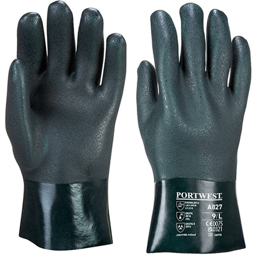 Portwest A827 Double Dipped PVC Chemical Resistant Gauntlet Gloves with Sandy Palm 27cm