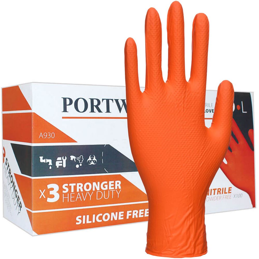Portwest A930 Orange Heavy Duty Crystal Grip Nitrile Mechanic Gloves (Box 100)