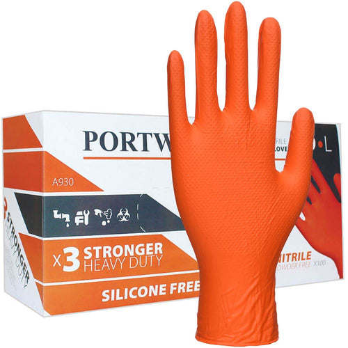 Portwest A930 Orange Heavy Duty Crystal Grip Nitrile Mechanic Gloves (Box 100)