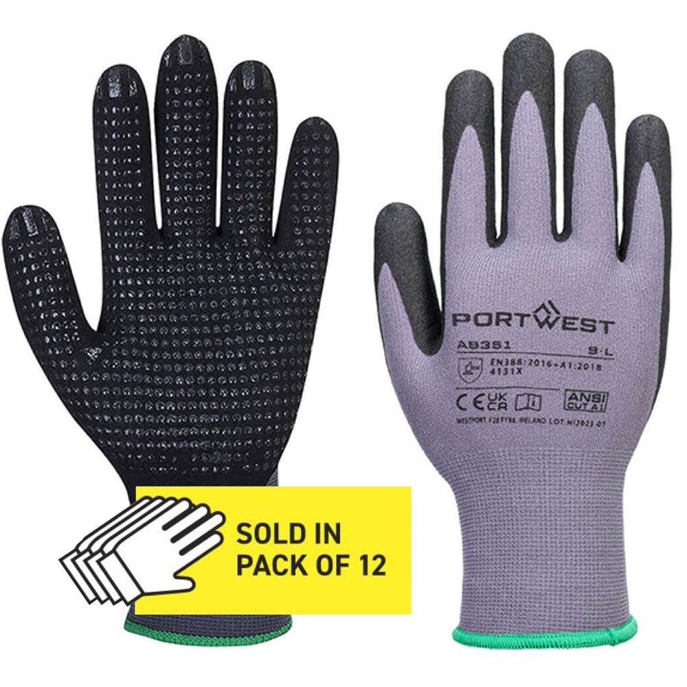 Portwest AB351 Dermiflex Plus Glove with Dotted Nitrile Coating 15g MultiSave (Pack 12)