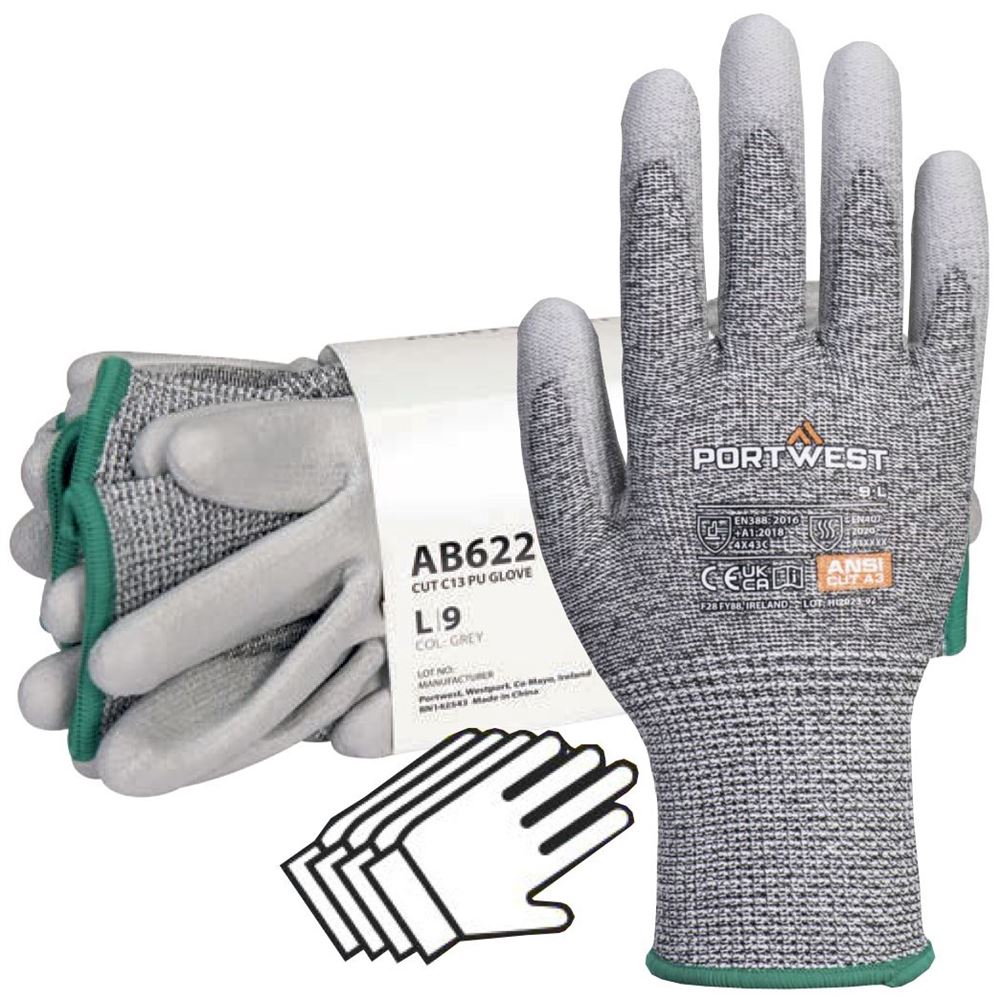 MultiSAVE Pack 12 - Portwest Cut C Grip Glove with PU Coating 13g AB622 (12 Pairs)