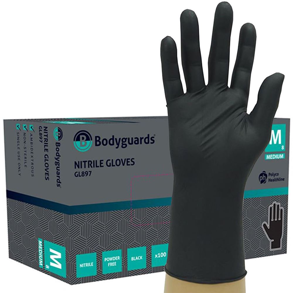 Polyco Bodyguards GL897 Black Nitrile Powder Free Disposable Glove AQL1.5 (Box 100)