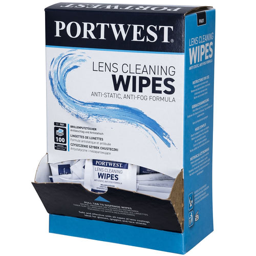 Portwest PA01 Lens Cleaning Wipes - 100 Individually Packaged in Dispenser Box