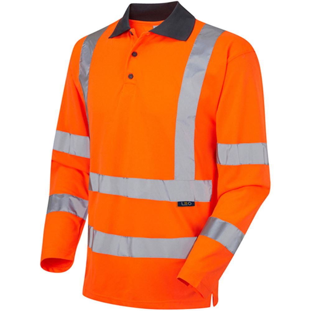 Leo Workwear Woolsery Orange Coolviz EcoViz Long Sleeve Hi Vis Polo Shirt
