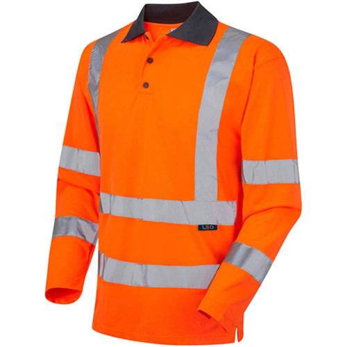 Leo Workwear Woolsery Orange Coolviz EcoViz Long Sleeve Hi Vis Polo Shirt