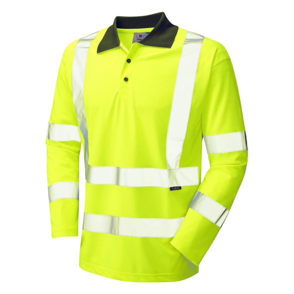 Leo Workwear Woolsery Yellow Coolviz EcoViz Long Sleeve Hi Vis Polo Shirt