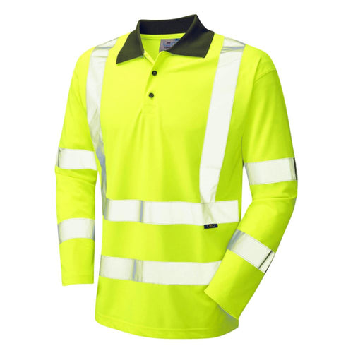 Leo Workwear Woolsery Yellow Coolviz EcoViz Long Sleeve Hi Vis Polo Shirt