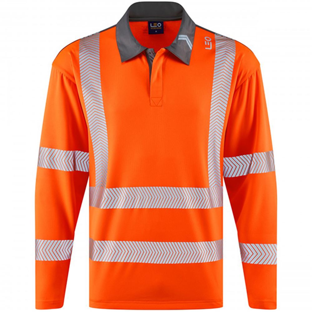 Leo Workwear Georgeham Orange EcoViz Coolmax Performance+ Long Sleeve Hi Vis Polo Shirt