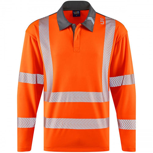 Leo Workwear Georgeham Orange EcoViz Coolmax Performance+ Long Sleeve Hi Vis Polo Shirt