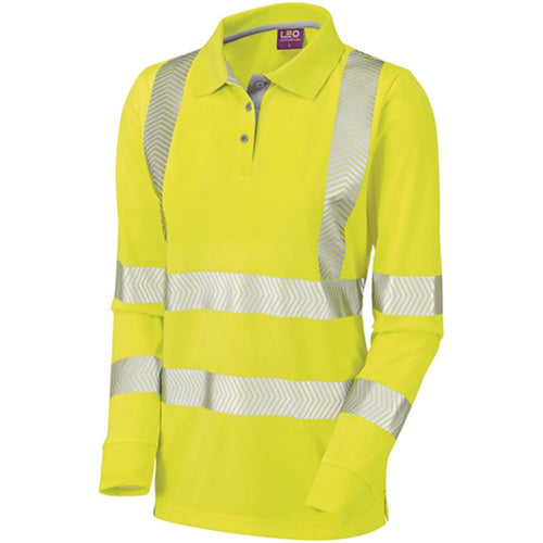 Leo Workwear Pollyfield Yellow EcoViz Coolviz Ultra Women's Long Sleeve Hi Vis Polo Shirt