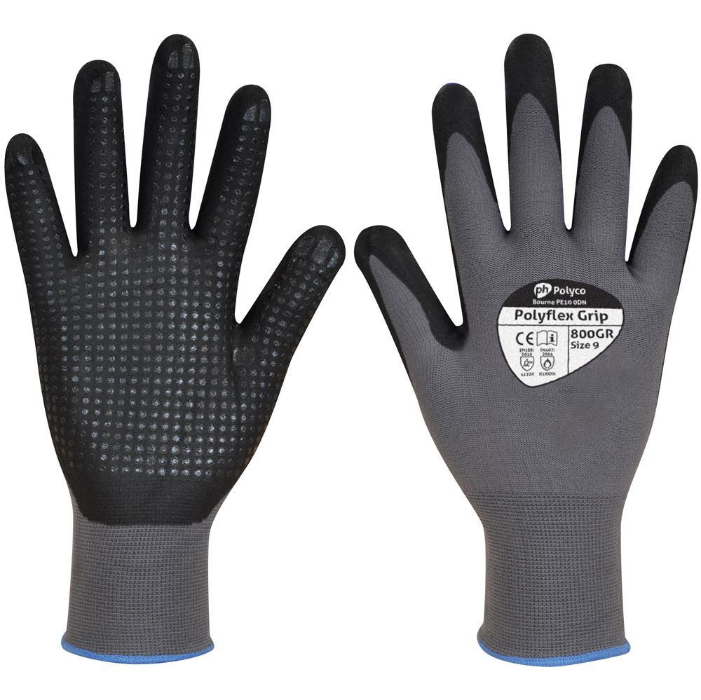Polyco Polyflex Grip Gloves 800GR with Foamed Nitrile Dot Palm - 13g