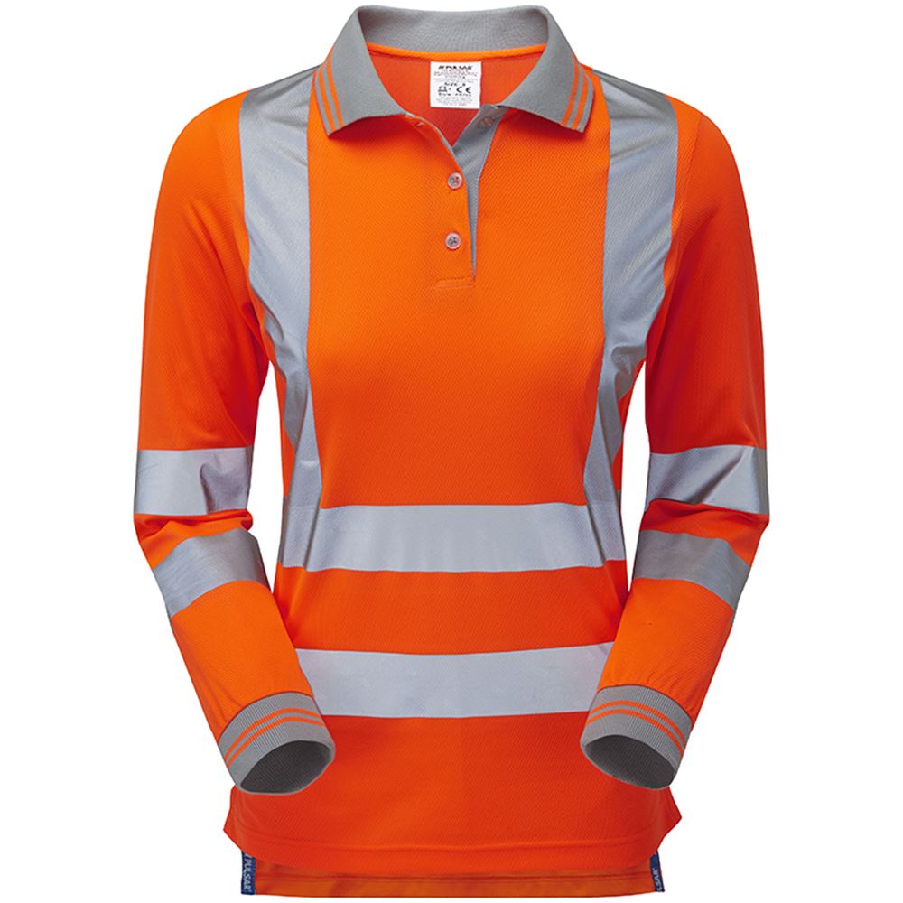 Pulsar PR703-R Rail Orange GRS Recycled Women's Hi Vis Long Sleeve Polo Shirt