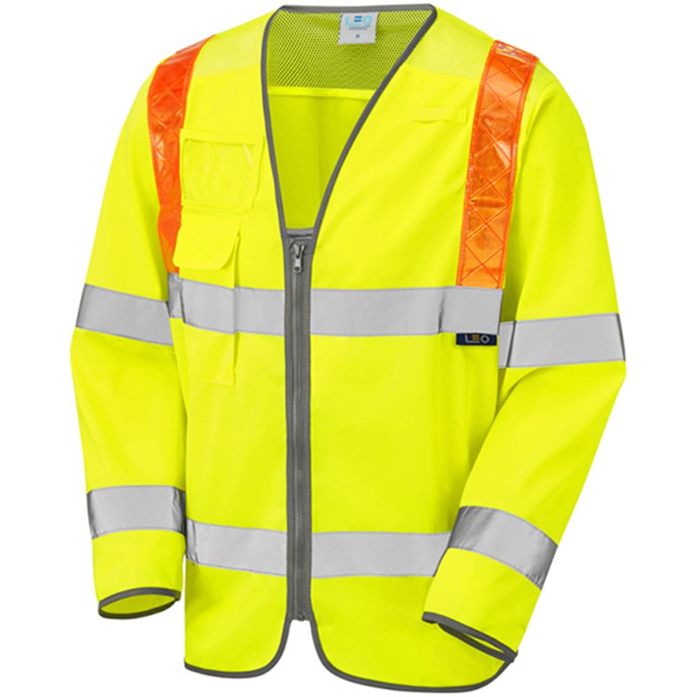Leo Workwear Barbrook Yellow EcoViz Long Sleeve Zipped Orange Brace Hi Vis Vest