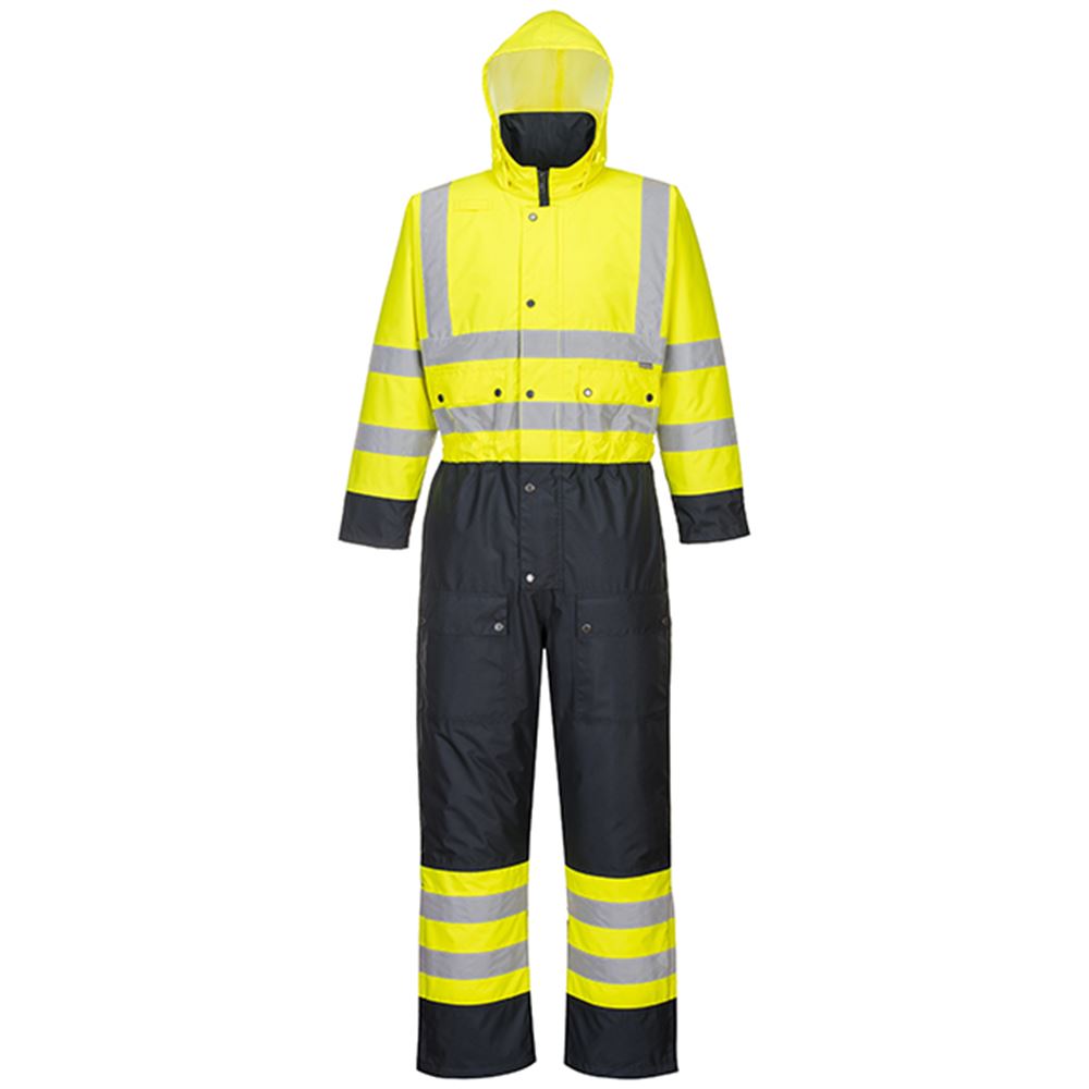 Portwest S485 Yellow/Navy Quilt Lined Hi Vis Thermal Waterproof Overalls