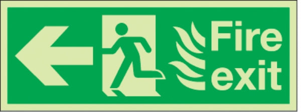 fire exit flames man arrow left