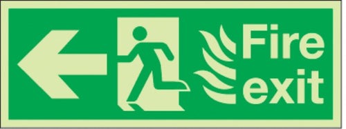 fire exit flames man arrow left