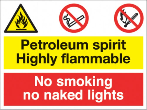 petroleum spirit/no smoking naked light