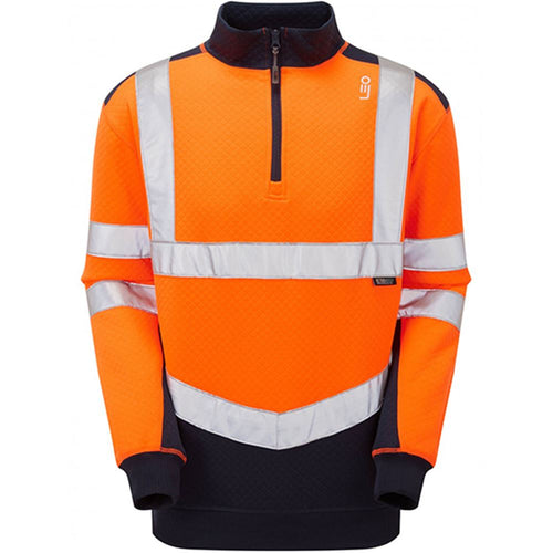 Leo Workwear Tapeley Orange/Navy EcoViz Polycotton 1/4 Zip Hi Vis Sweatshirt