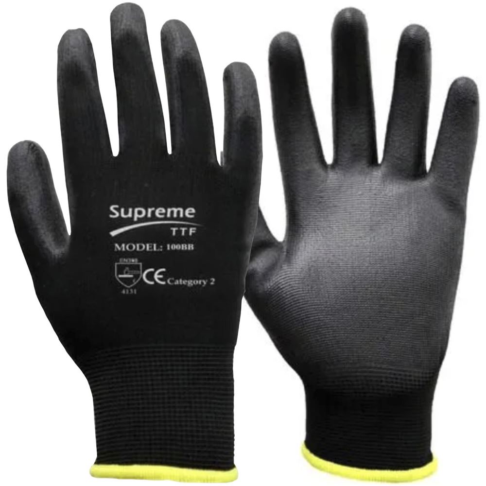Supreme Black PU Grip Work Gloves 100BB with PU Coating - 13g