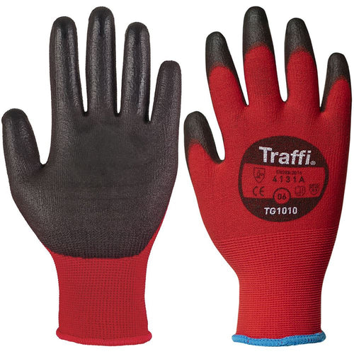 TraffiGlove TG1010 X-Dura Classic Cut A PU Palm Coated Red Gloves - 15g Cut Level 1