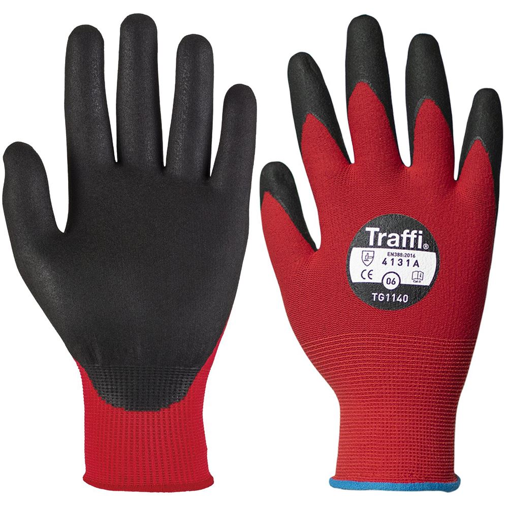 TraffiGlove TG1140 MicroDex Ultra Cut A Nitrile Foam Palm Coated Red Gloves - 15g Cut Level 1