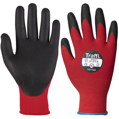 TraffiGlove TG1140 MicroDex Ultra Cut A Nitrile Foam Palm Coated Red Gloves - 15g Cut Level 1