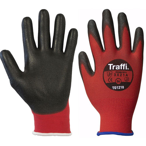 TraffiGlove TG1210 X-Dura Metric Cut A PU Palm Coated Red Gloves - 13g