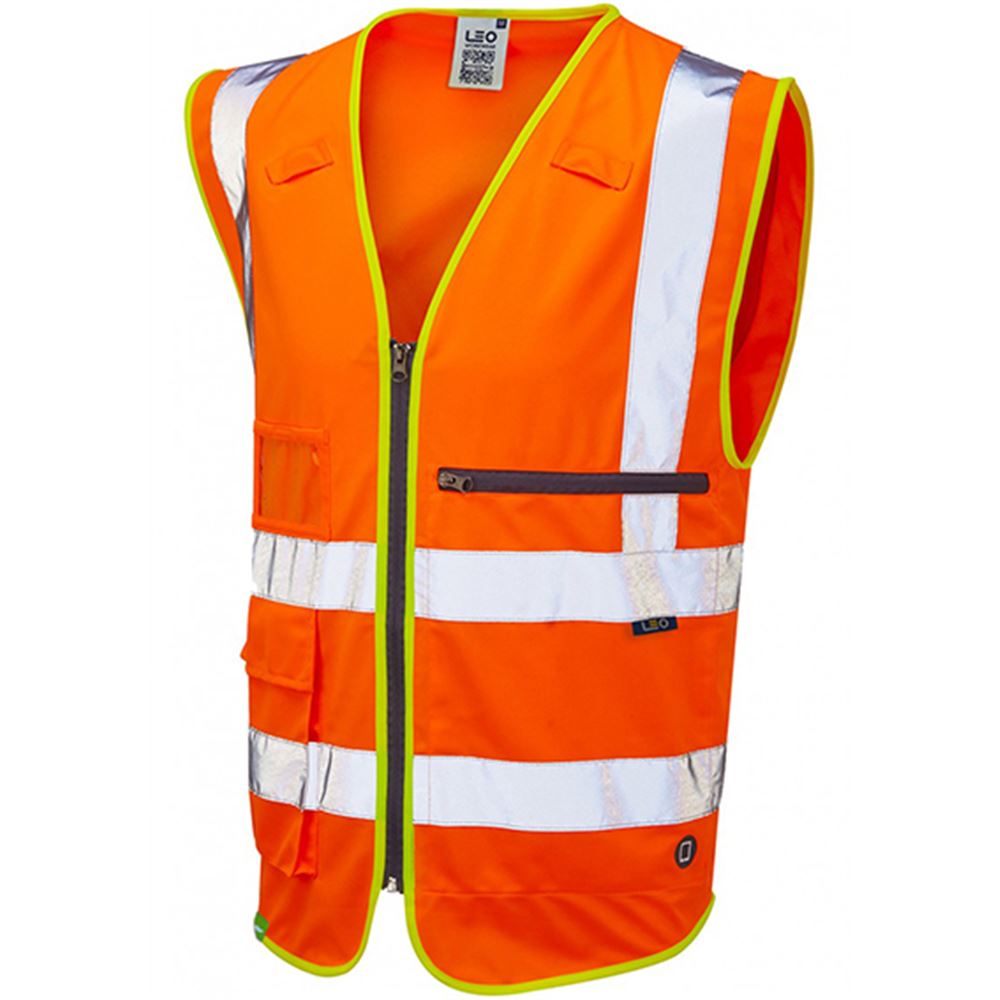 Leo Workwear Foreland Orange EcoViz Zipped Superior Hi Vis Vest with Tablet Pocket