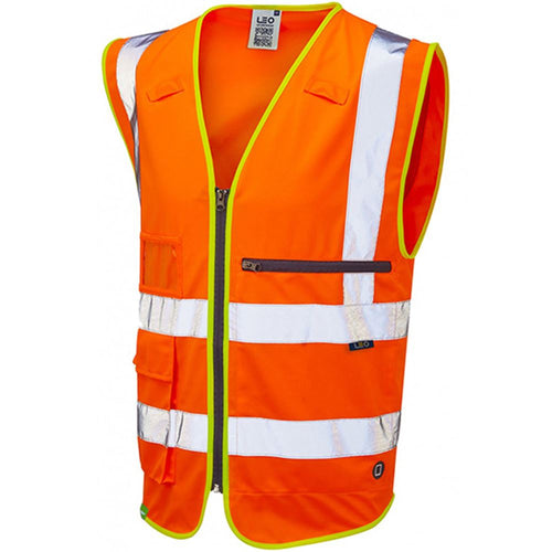 Leo Workwear Foreland Orange EcoViz Zipped Superior Hi Vis Vest with Tablet Pocket