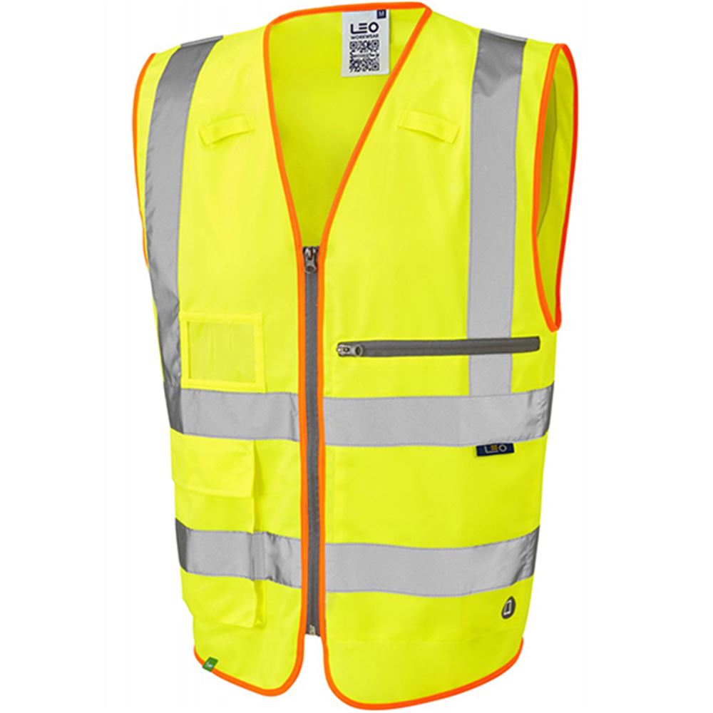 Leo Workwear Foreland Yellow EcoViz Zipped Superior Hi Vis Vest with Tablet Pocket