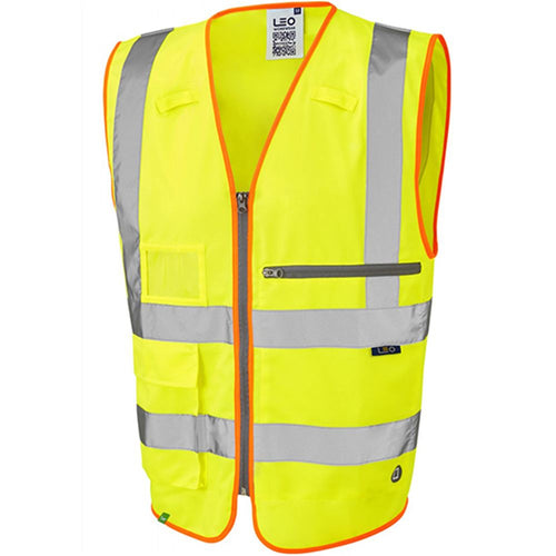 Leo Workwear Foreland Yellow EcoViz Zipped Superior Hi Vis Vest with Tablet Pocket