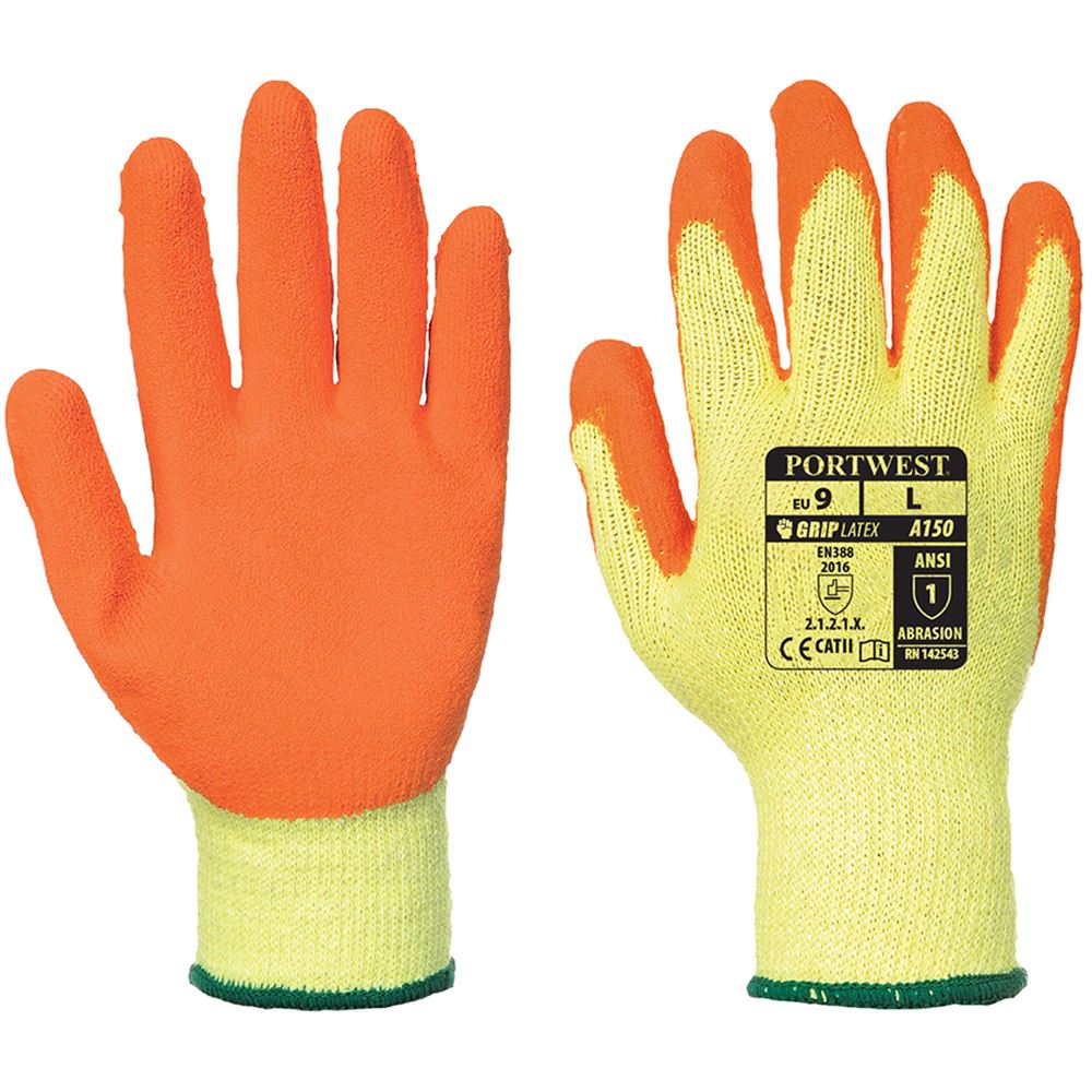 Portwest A150 Classic Orange Latex Grip Gloves - 10g