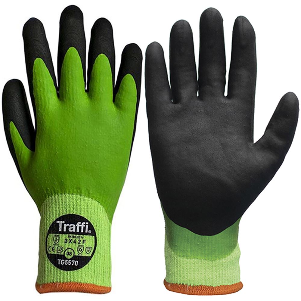 TraffiGlove TG5570 X-DURA Cut F Nitrile/Latex Fully Coated Thermal Water Resistant Green Gloves - 10g