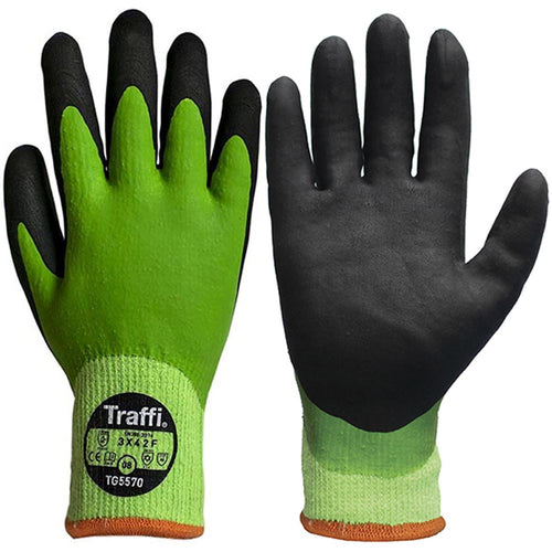 TraffiGlove TG5570 X-DURA Cut F Nitrile/Latex Fully Coated Thermal Water Resistant Green Gloves - 10g